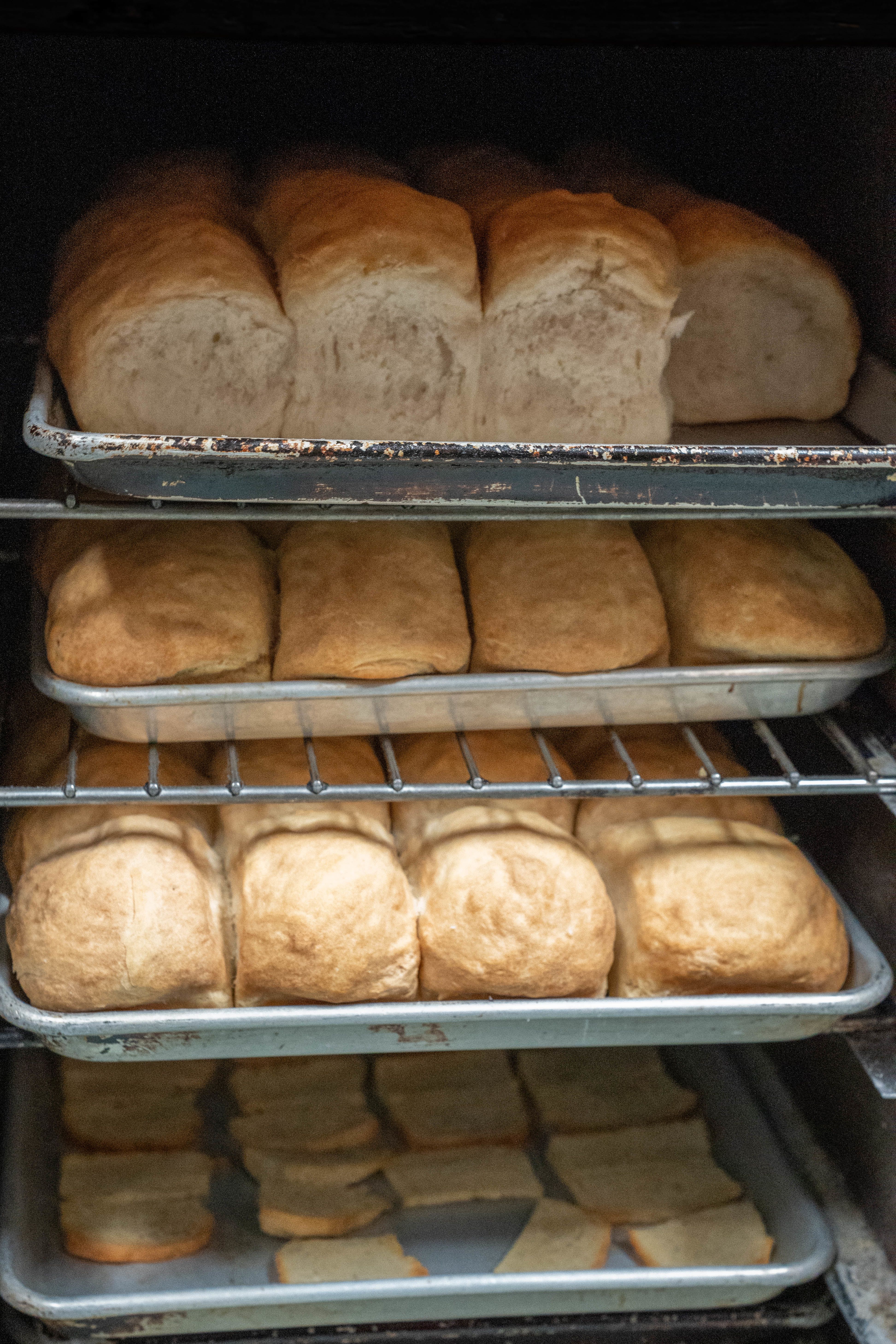 Trays of bannock in the kitchen