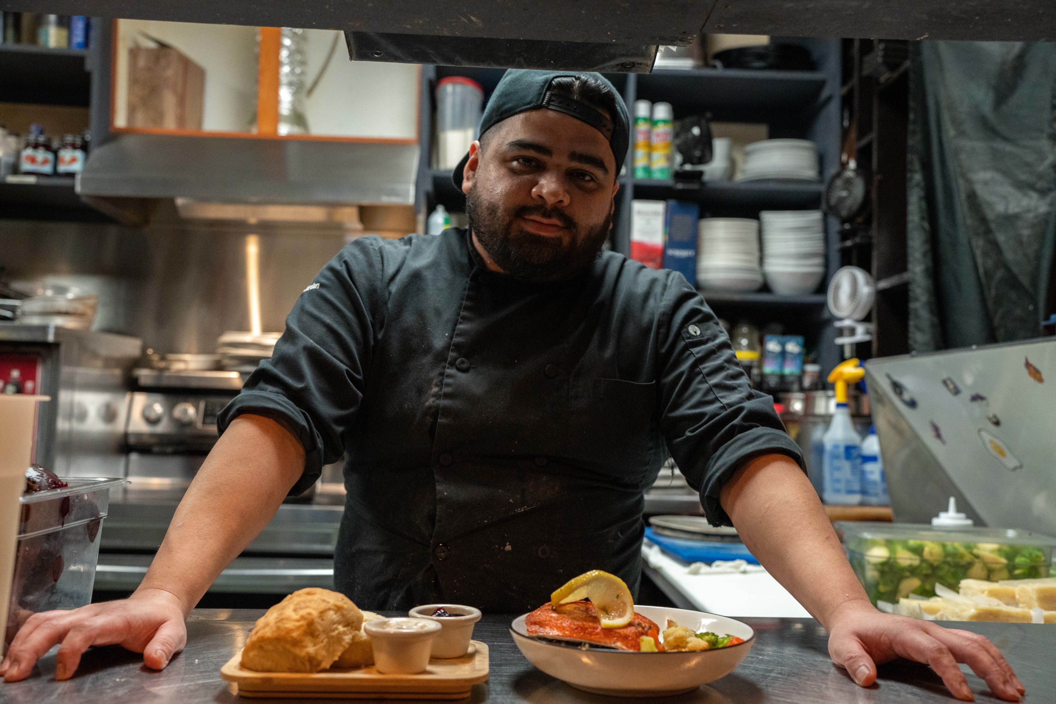 Chef Jordan Barton in the kitchen at Salmon n' Bannock